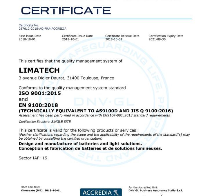 Limatech a renouvelé sa certification EN 9100.